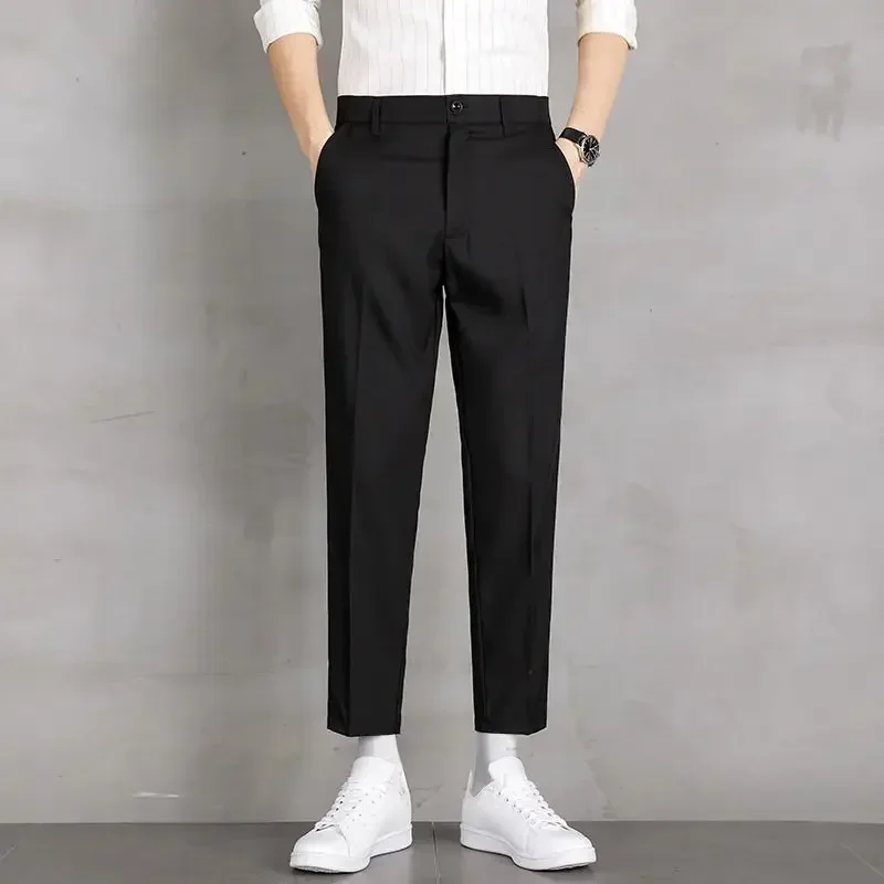 thumbnail image 1 of Pantalones elásticos elásticos de 9 pulgadas para hombre, pantalones de trabajo azules para hombre, pantalones rectos de oficina, moda de licra, verano 2024, para hombre chino, 1 of 5