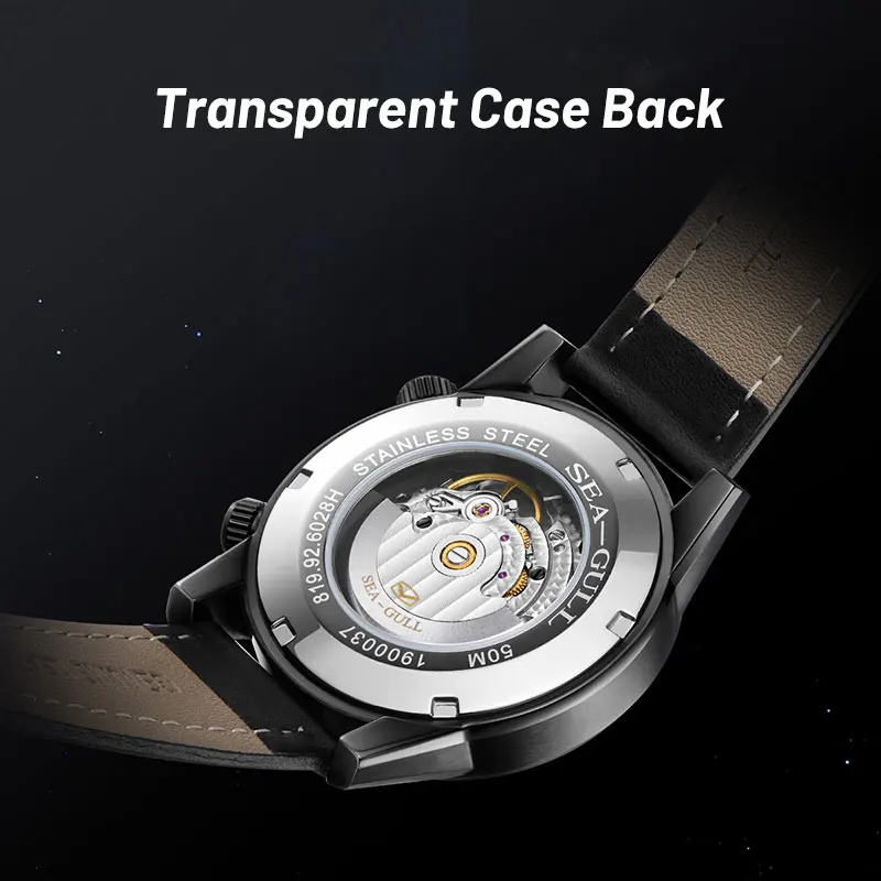 SEA-GULL 2021 New Seagull Orologio meccanico automatico da uomo Business Casual Orologio con fasi lunari Esplorazione dello spazio Confezione regalo 819.11.6092, Argento, Cinturino