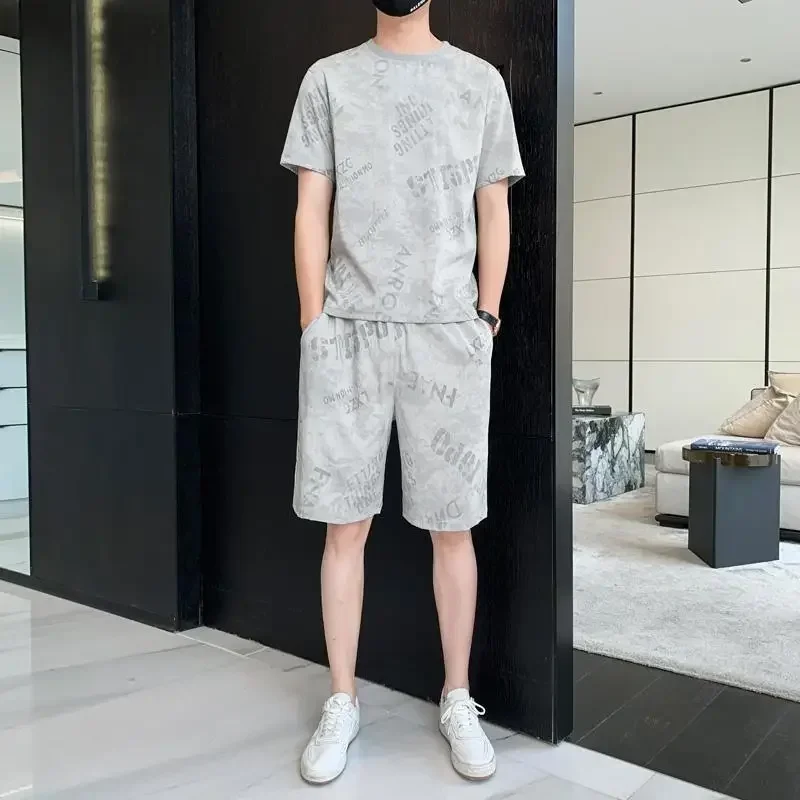 Conjuntos de pantalones Camiseta lisa para hombre Trajes deportivos grises Pantalones deportivos Top Chándal con alfabeto Ropa para hombre Estilo coreano 5xl Elástico