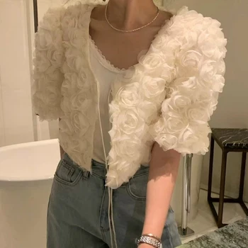 자른 자켓 여성의 얇은 우아한 v 넥 퍼프 슬리브 3d 꽃 카디건 탑 짧은 코트 여성 블라우스