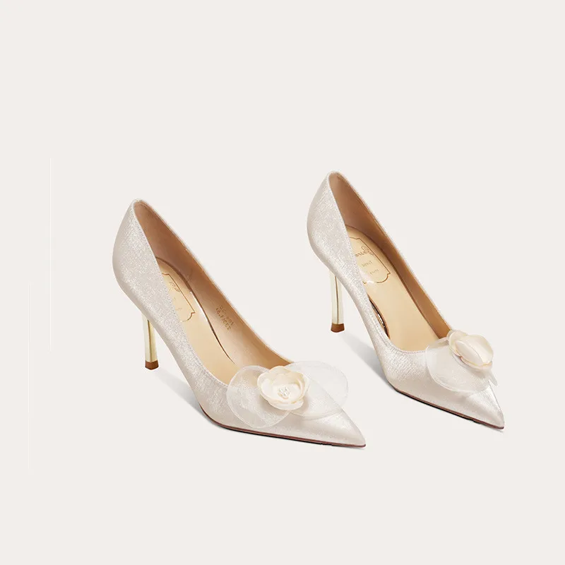 

Dreamy Ladies Champagne Silks And Satins Wedding Pumps Rose Dinner Dress Bride Pointed Toe Elegent High Heels