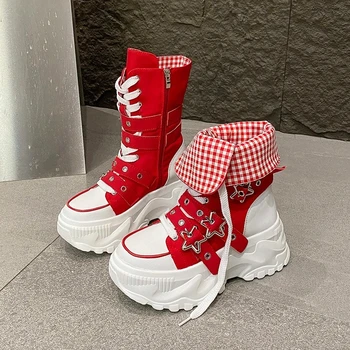 Single Boots Autumn New Round Toe Front Lace-Up Platform Non-Slip Mid-Tubular Boots Size Up To 42 1