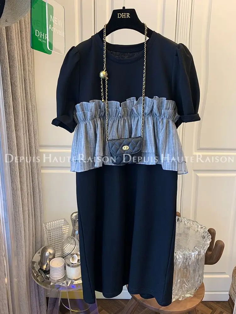 여성용 루즈 반팔 스티칭 티셔츠 드레스, 여성용 가짜 투피스 스트레이트 원피스 B15, 2024 여름 신상 