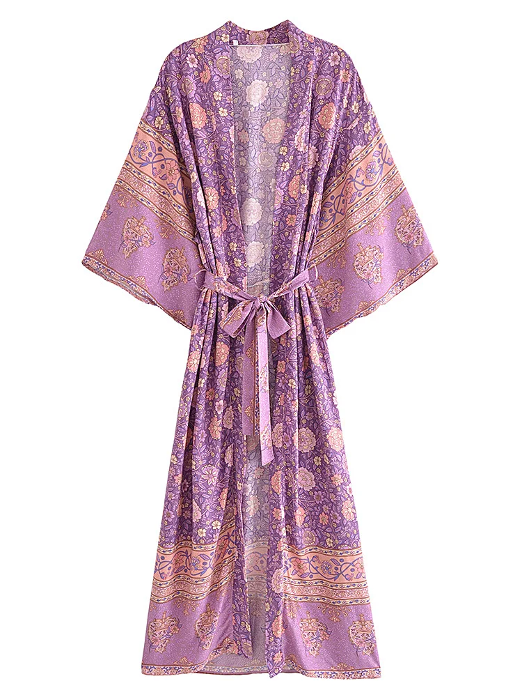 

Vintage Chic Women Pink Floral Print Sashes Bohemian Kimono Ladies V Neck Batwing Sleeves Rayon Boho Robe Bikini Cover-up