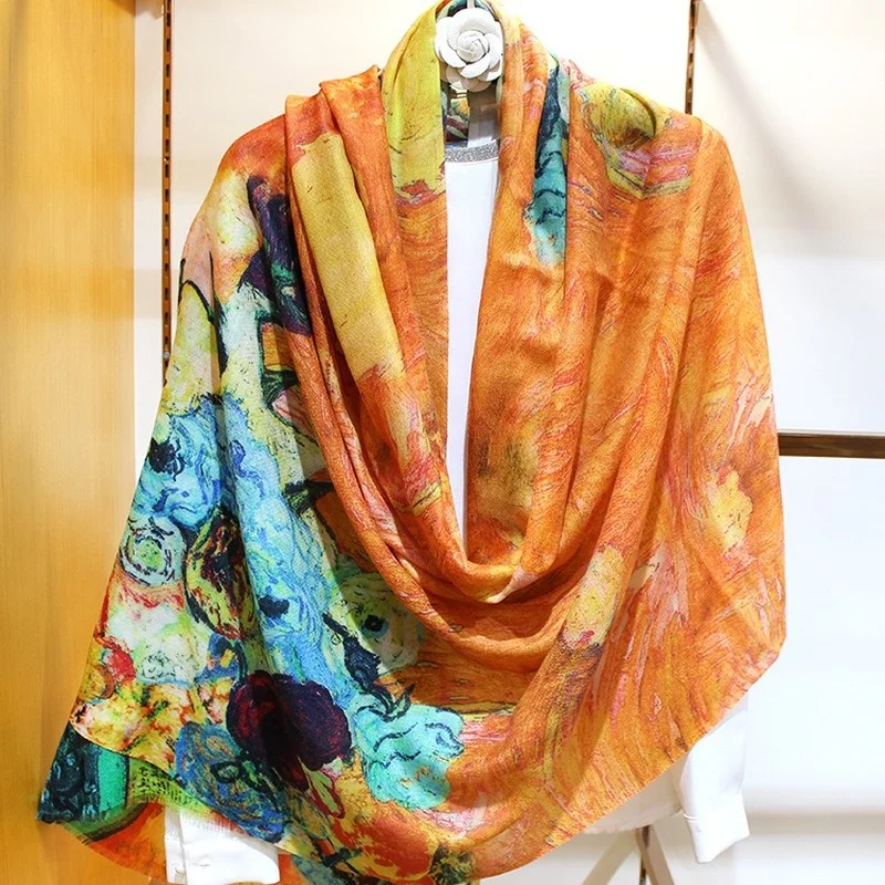 

High-end Elegant Women's Abstract Flower Oil Painting Print Quality Cashmere Fine Beard Edge Warm Thin Long Scarf Shawl Wraps