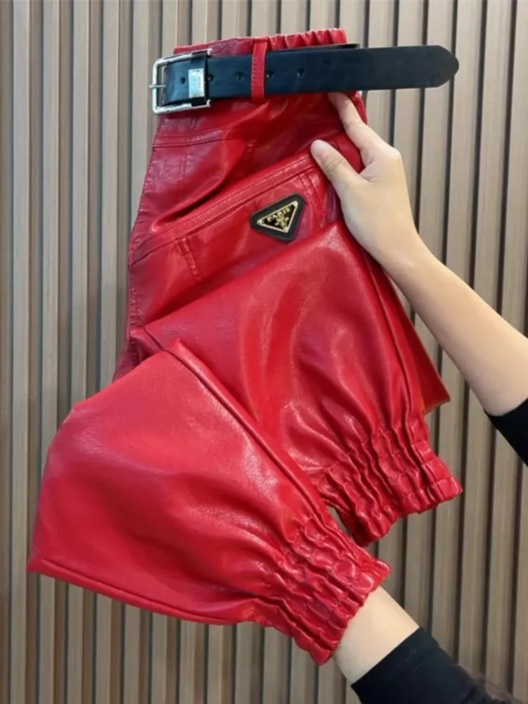 Autumn Winter Leather Pants Fashion High Quality Leg Windproof Plus Velvet Haren Pants All-Match Slimming Casual Trousers Women