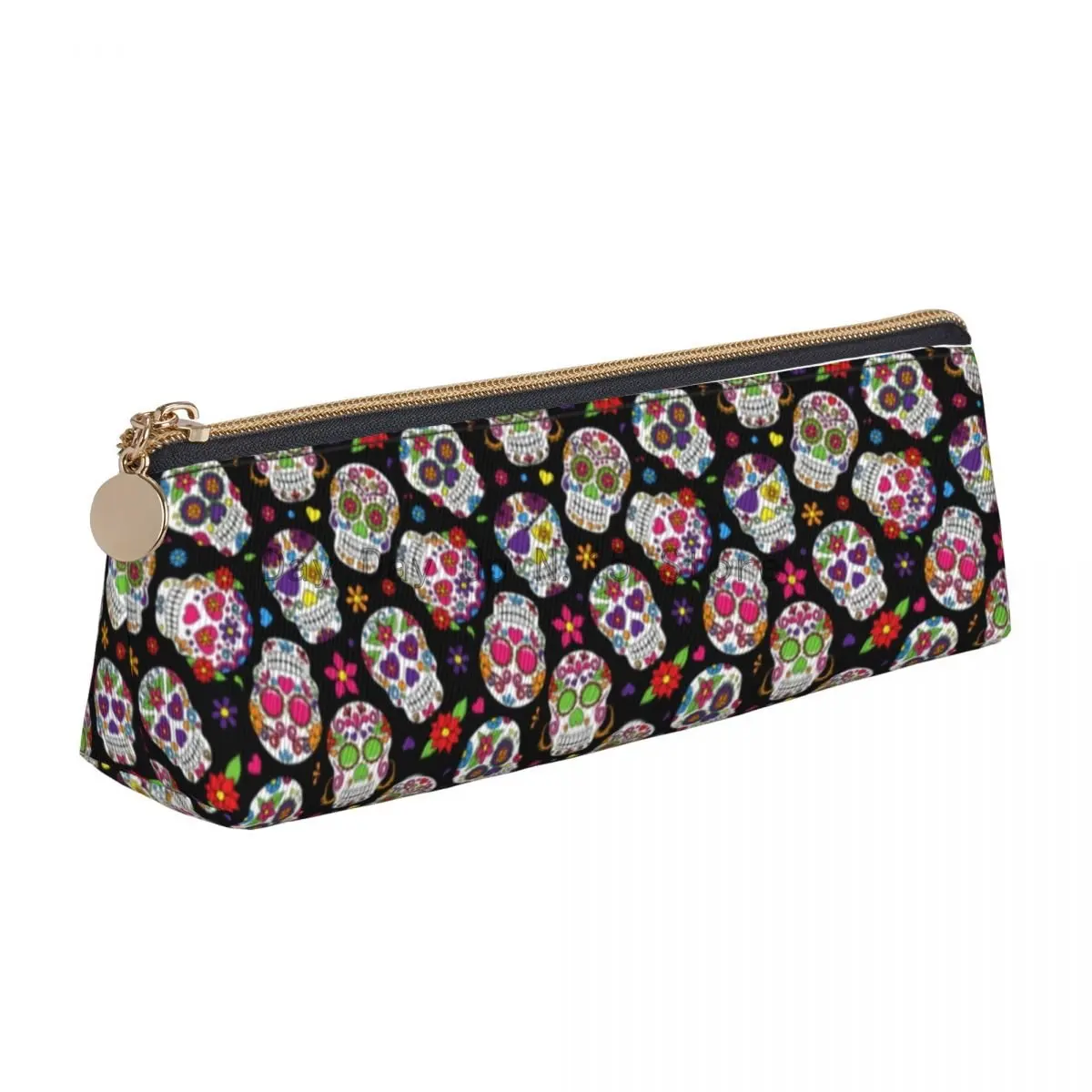 

Skull Pop Art Triangle Pencil Case Sugar Skulls Day For Teens Back to School Zipper Pencil Box Vintage Leather Pen Bag