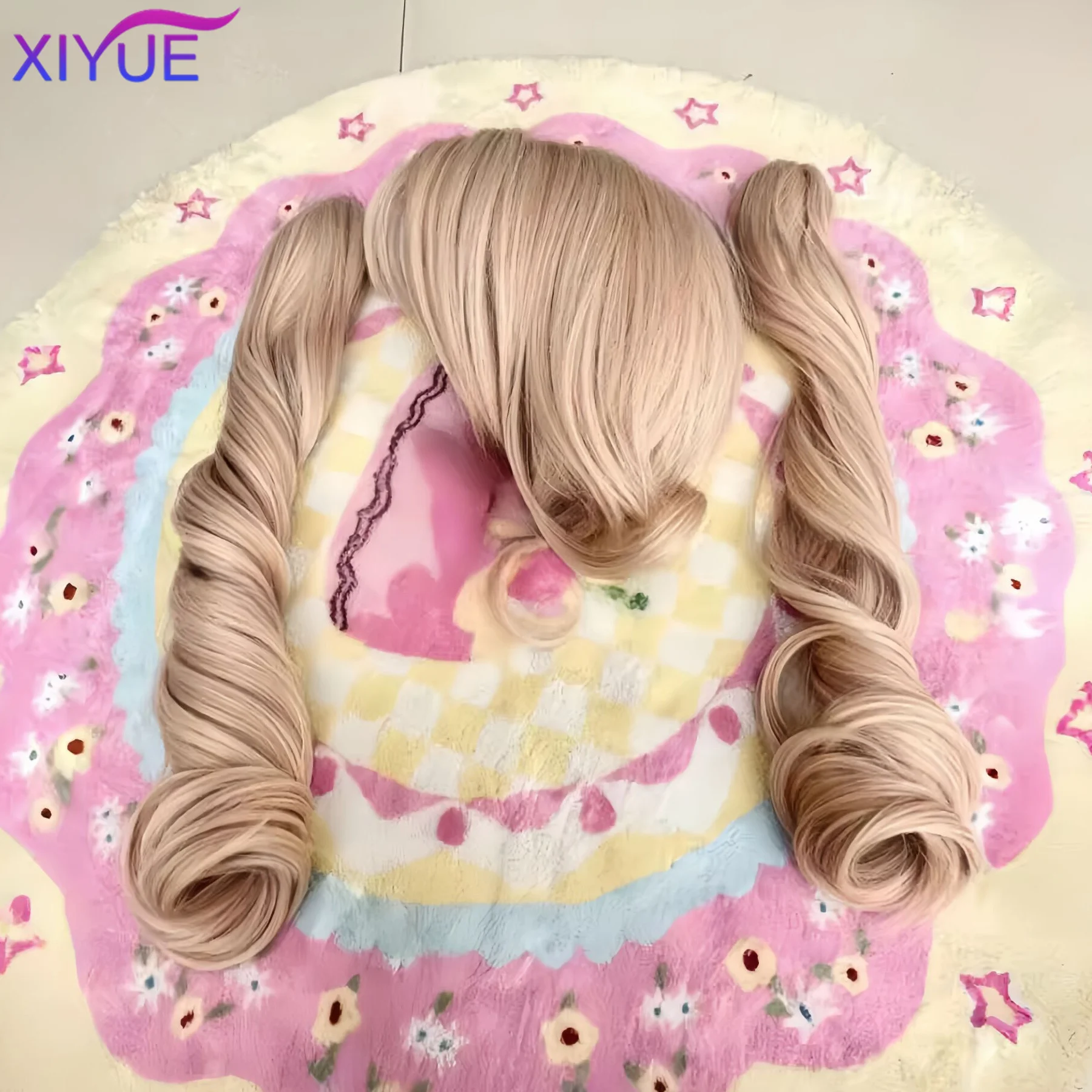 Blonde Twin Ponytail Princess Cut Natural Short Hair Synthetic Wigs With Bangs For Women Heat Resistant Cosplay Lolita Hair