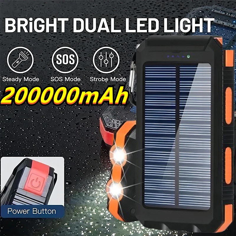 200000mAh Solar Power Bank Portable Ultra-large Capacity Mobile Powerbank Waterproof External Battery Dual Usbcharging Led Light