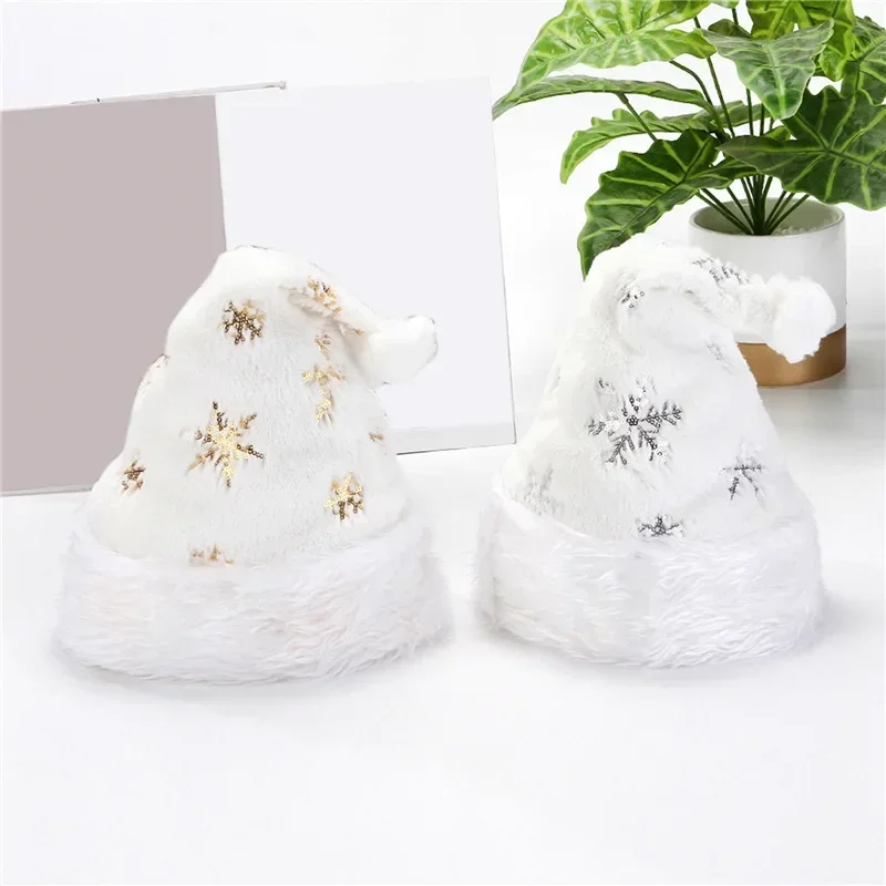 

White Soft Plush Christmas Hat Party Snowflake Santa Hats White Xmas Decoration Hat New Year Decoration Holiday Party Supplies