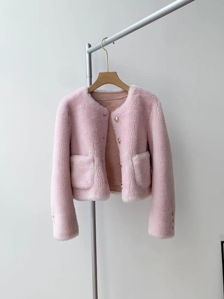 Sweet Little Woman Fur Round Neck Short Lamb Wool Compound Fur Integrated Coat Women's Sheep Shearing Coat