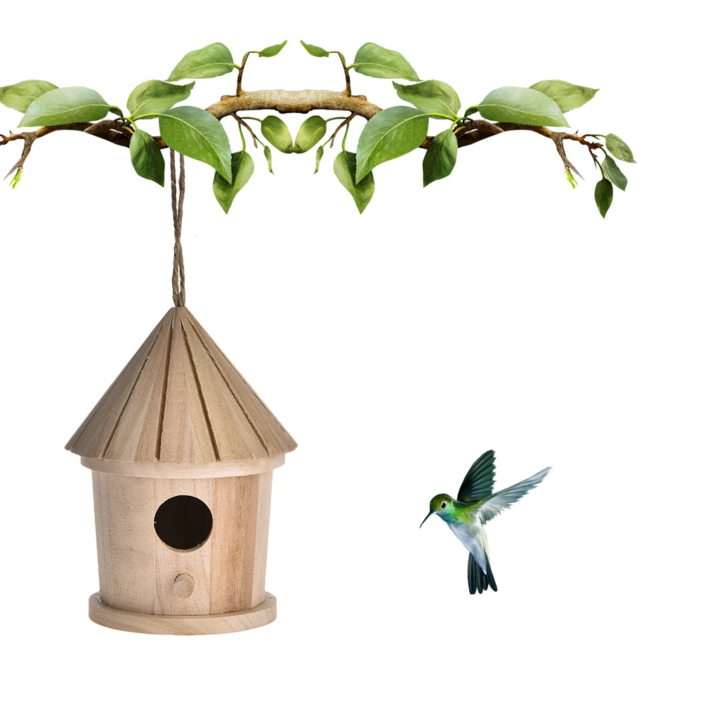 DIY Bird Nest Hanging Bird House Natural Wooden Bird Cage Resting Place Wall-mounted Outdoor Garden Tree Simple Birdhouse #WO