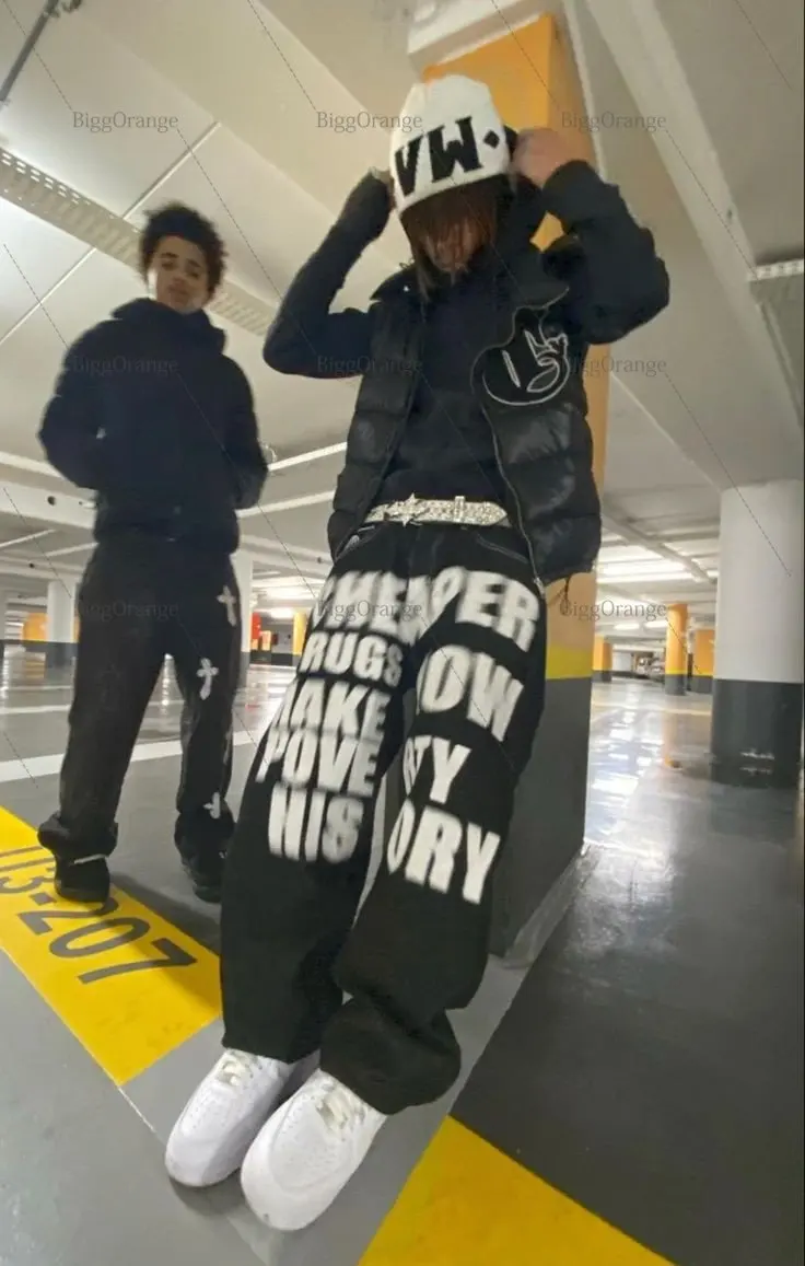 

Retro Sporty High Waisted Trousers Letter Printed Big Pockets Cargo Jeans Light Black Fashion Streetwear Denim Joggers Women