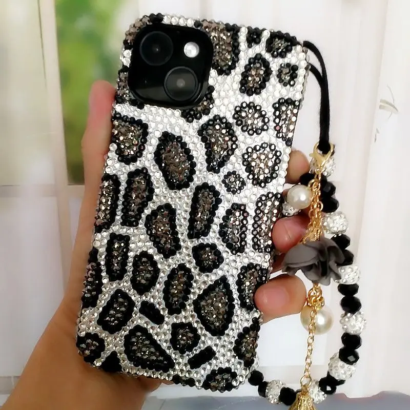 Grey Purple Blue Rhinestone Luxury Phone Case for iPhone 16 15 Pro 14 Pro Max 13 12 11 Xsmax Xr Xs X with Chain Anti Drop Case