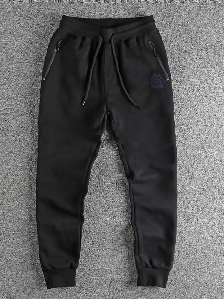 Autumn American Retro Terry Knitted Embroidery Men Sweatpants Simple Elastic Waist Drawstring Sport Casual Youth Slim Pants