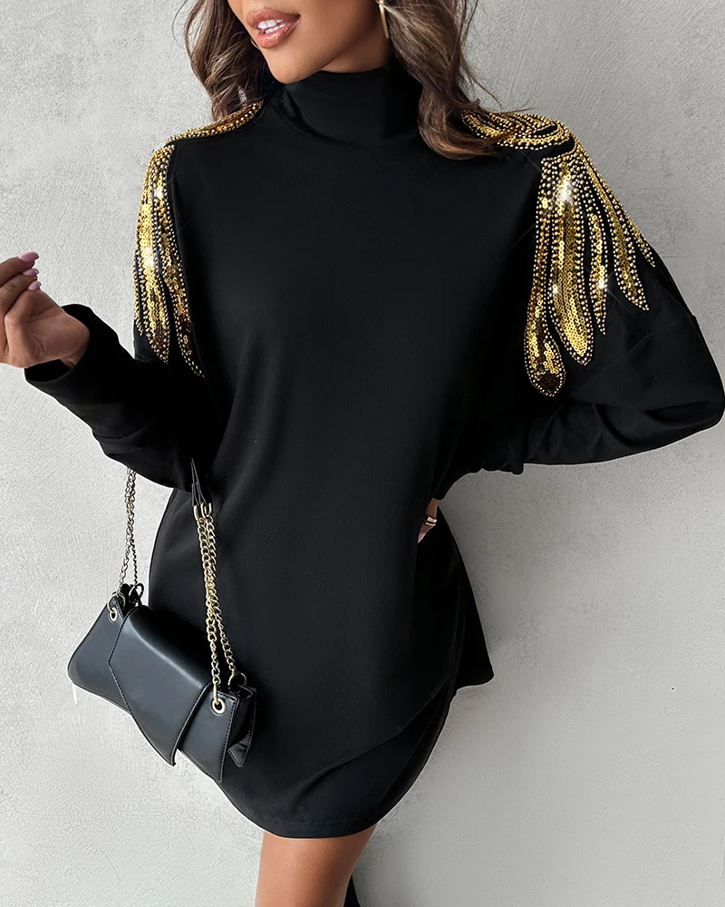 

2024 Fashion Women Angel Wings Pattern Contrast Sequin Casual Dress Autumn Winter Long Sleeve Casual Mini Bodycon Dress Female