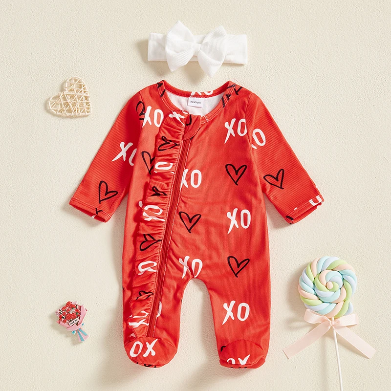 Pudcoco Baby Girls Valentine's Day Jumpsuit Long Sleeve Round Neck Letter Heart Print Oblique Zipper Romper with Headband