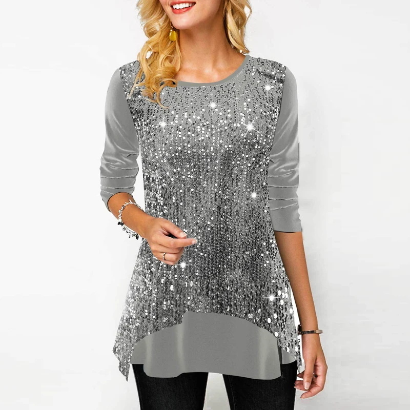 

Vintage Solid Sequinis Blouse Women 2022 Fashion Spring O Neck Long Sleeve Ladies Blouse Street Casual Loose Pullover Tops