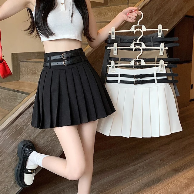 Zoki Jk Double Belts Pleated Skirt Women Casual High Waist