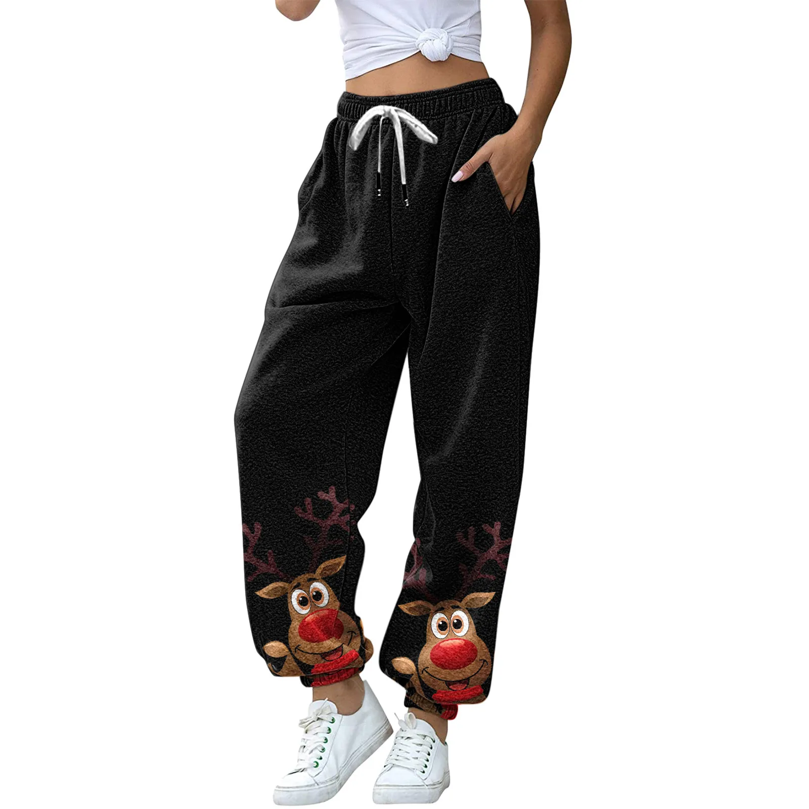 

Women's Athletic Sporty Bottom High Print Fit Jogger Pants Trousers Pockets Waist Christmas Sweatpants Women Pants Casual Loose