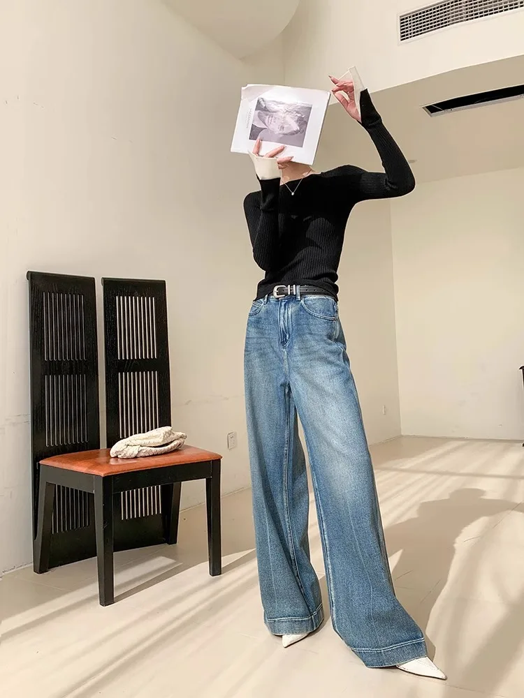 Blue Washed Casual Jeans Women'S Autumn And Winter New Straight Leg Loose Wide Leg Pants Long Pants