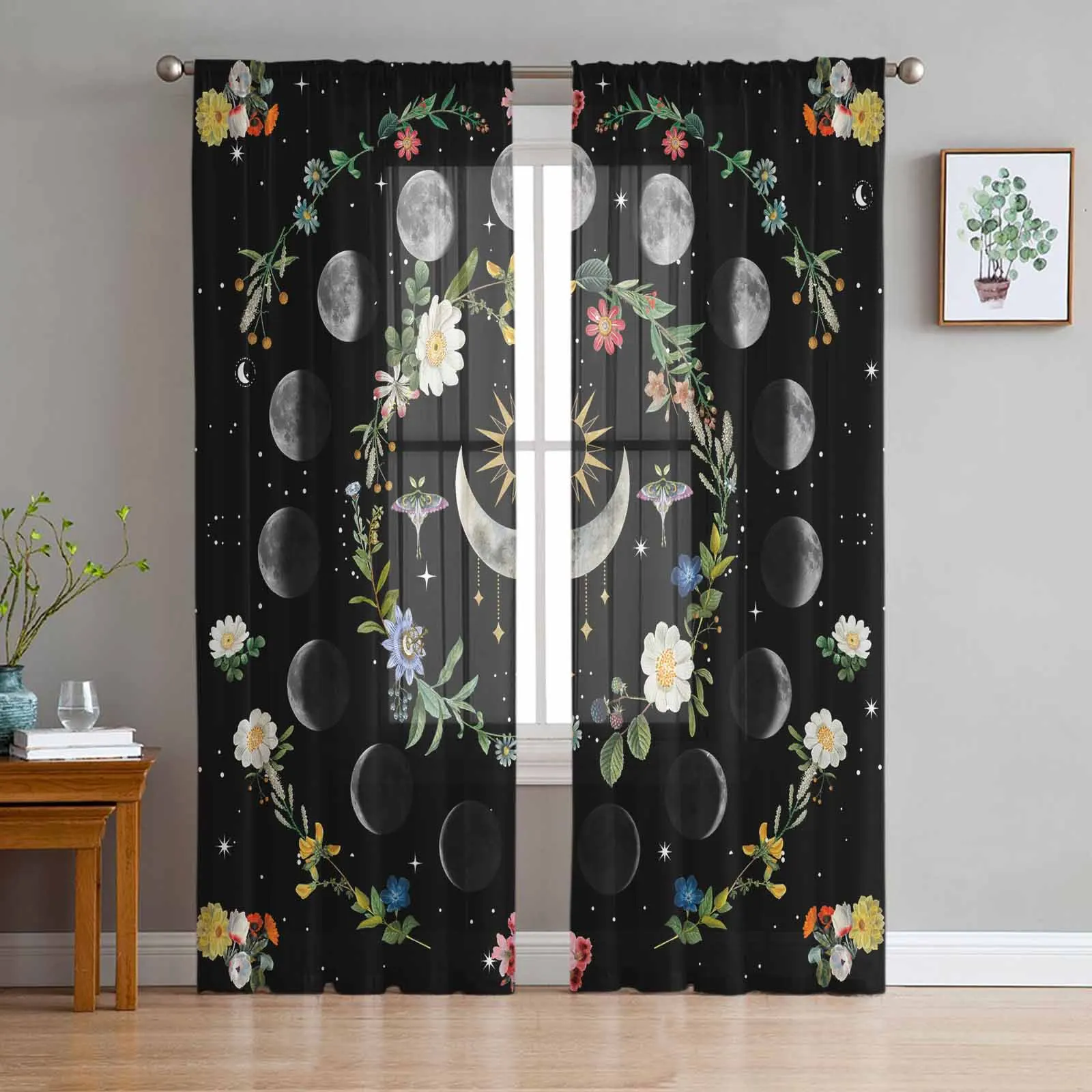 thumbnail image 1 of Cortinas transparentes con diseño de cielo nocturno, estrellas y luna, para sala de estar, ventanas, dormitorio, cocina, decoración del hogar, cortinas de gasa, 1 of 5
