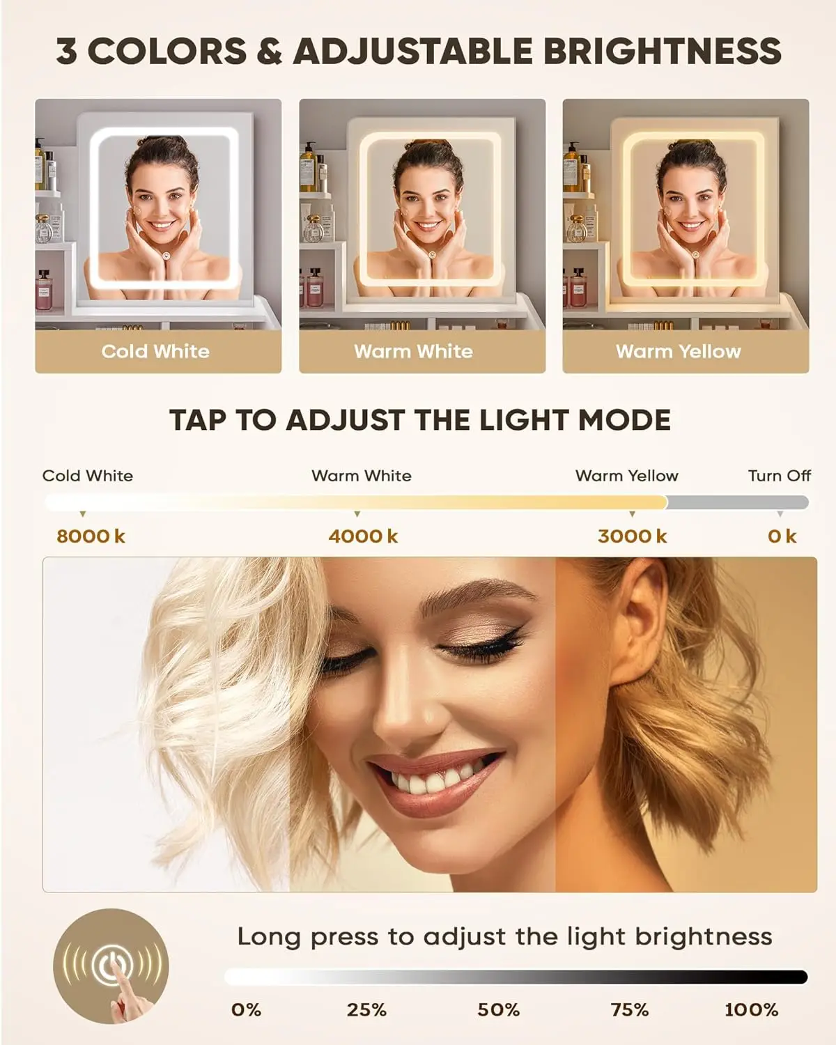 Small Vanity Desk Set with Square Mirror and Light- Vanity Desk with Drawer- White