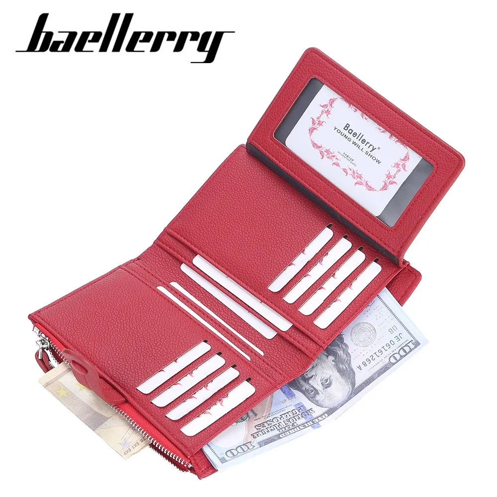 Baellerry 2025 Women's Long Wallet with Buckle - Litchi Grain Pu leather Multi Card Slots, Zipper Coin Pocket Gift