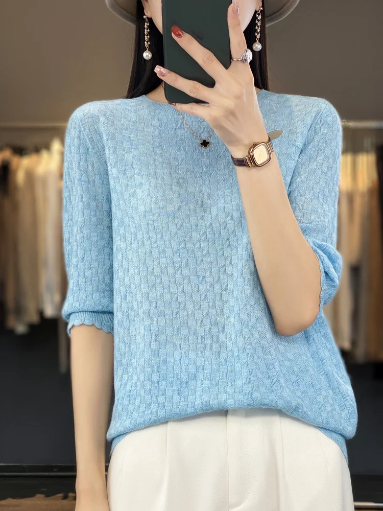 Aliselect Short Sleeve Women Knitted Plaid Sweaters 100% Pure Merino Wool Cashmere Spring Fashion O-Neck Top Pullover Clothing