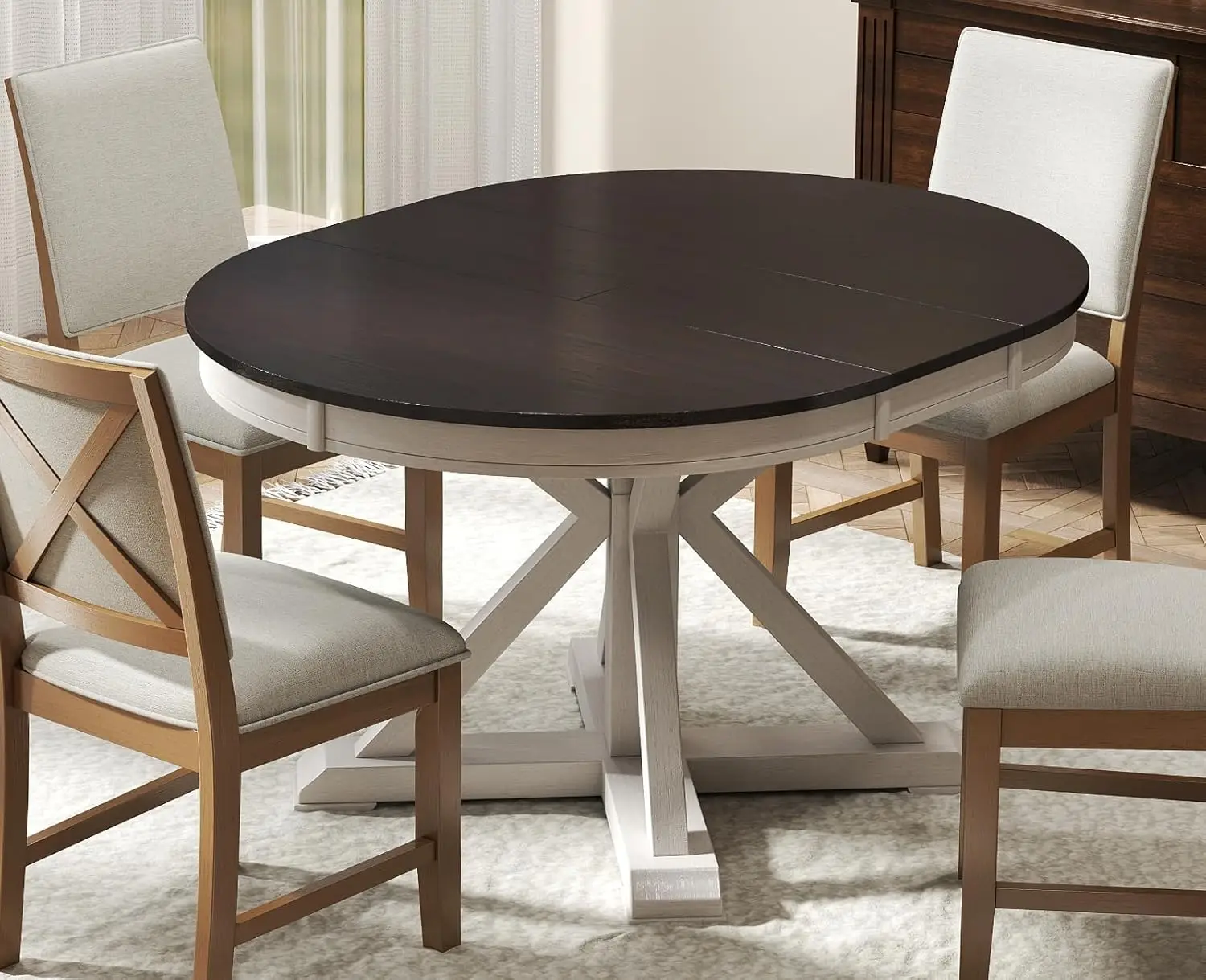 42-54 Inches Extendable Dining Table for 4-6 People, Oval Shape/Round Kitchen Table with Trestle Pedestal Base, Wooden Circle