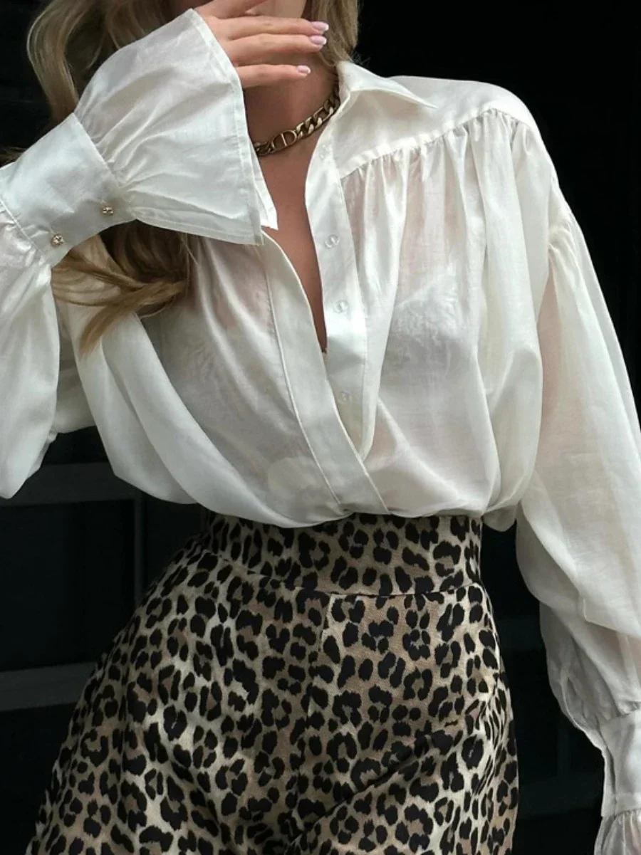 Bornladies Autumn Women's Fashionable Loose Collared Shirt Office Lady Solid Color Versatile Flare sleeve Top Long Sleeved Shirt