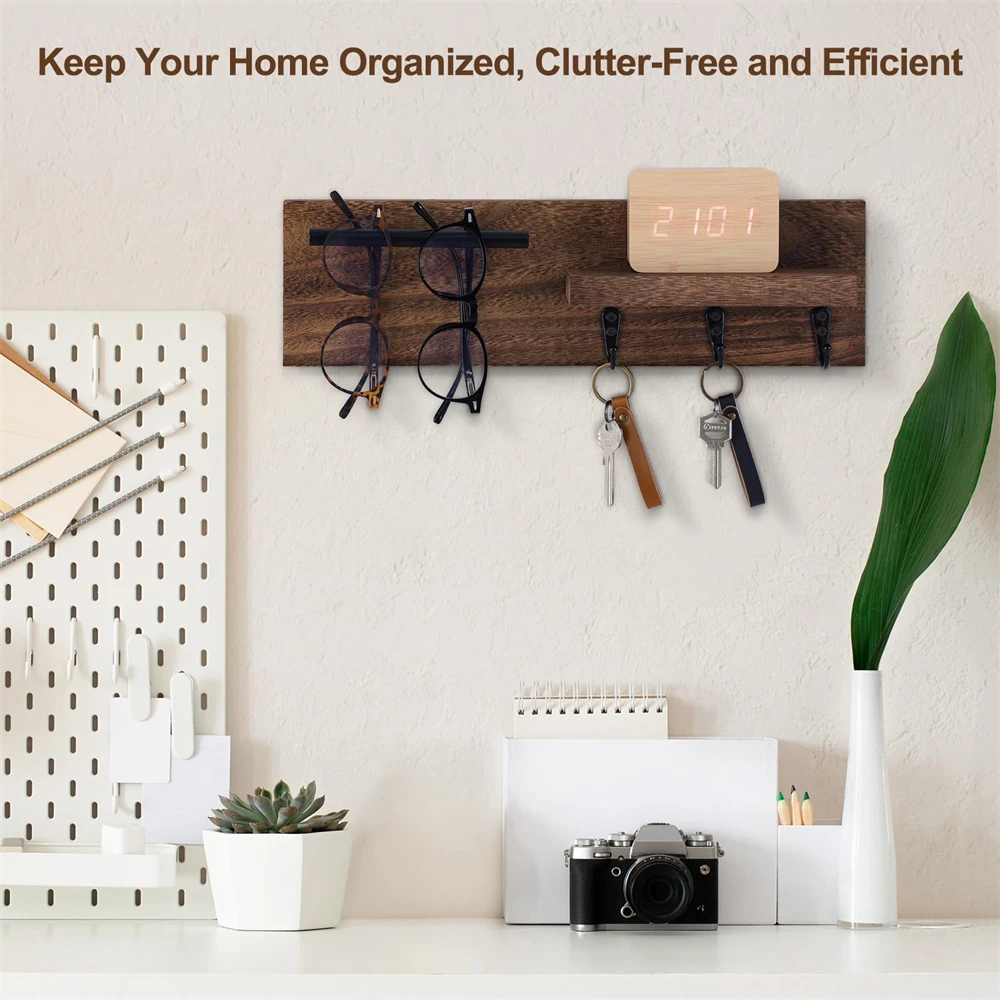 Wood Key Holder for Wall Decorative Entryway Shelf with Hooks Holds Keys Dog Leash Sunglasses Key Hanger with 3 Hooks Organizes 3