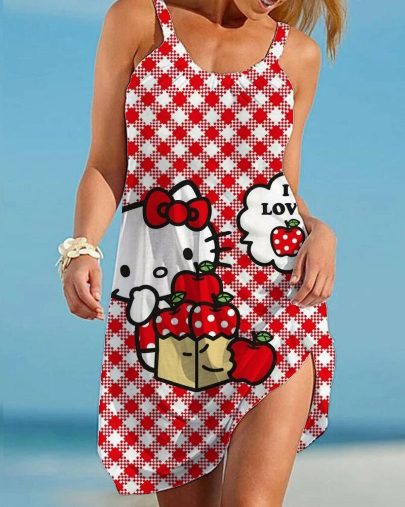 

Summer Loose Dress For Women O Collar Sleeveless High Waist Hello Kitty Print Colorblock beach party Dresses Female Clothing y2k