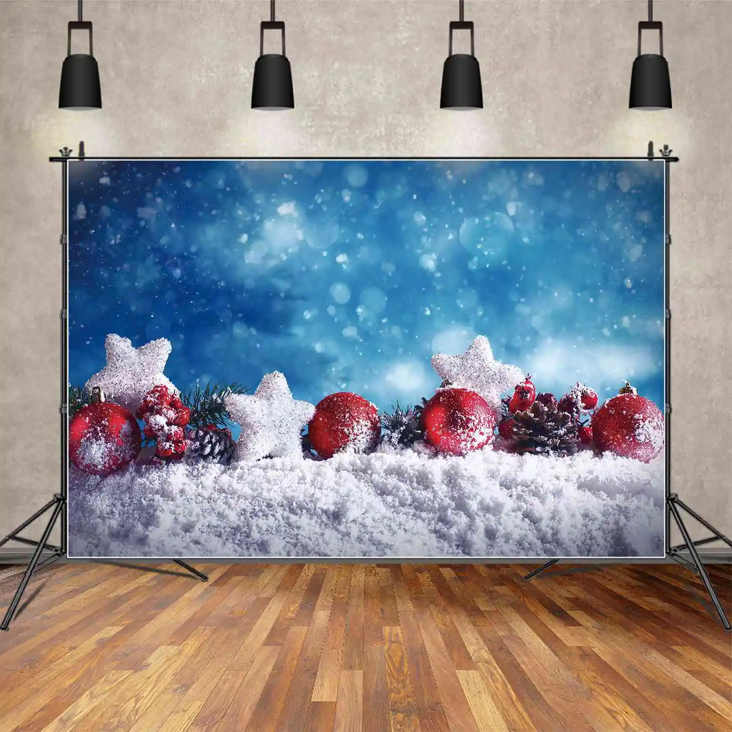 Moon.Qg Fotografia Sfondo Decorazione Natalizia Red Ball Bean Snow Star Sfondo Blue Light Bokeh Spot Wall Photo Booth Prop