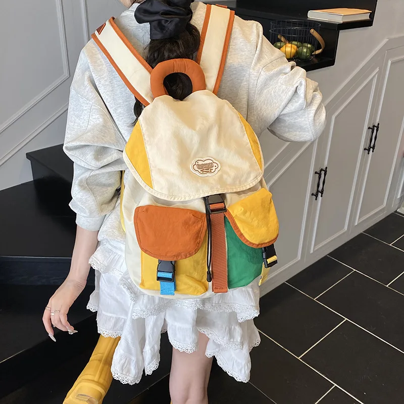 Color Matching 2 Sizes Parent-Child Bags Korean Style Large Capacity Drawstring Schoolbag Nylon Multi-Pocket Kids Backpack - 2