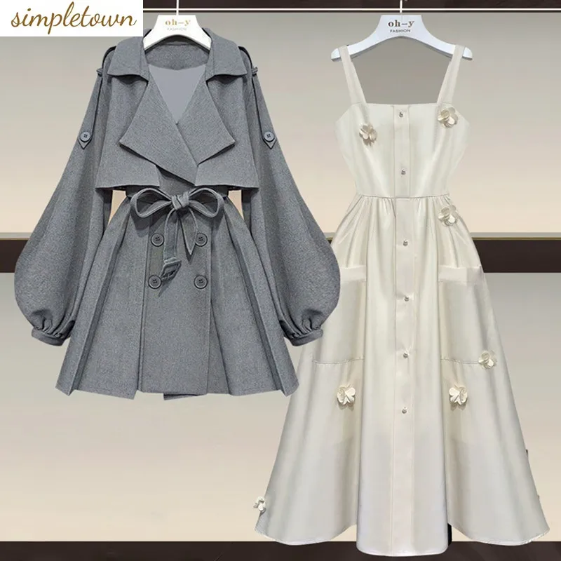 Oversized Women's Spring Set 2023 New Skin Covering Slim Mid Length Fashion Trench Hanger Dress Two Piece Set 8hooks women storage bra hanger multifunctional belt hanger sturdy