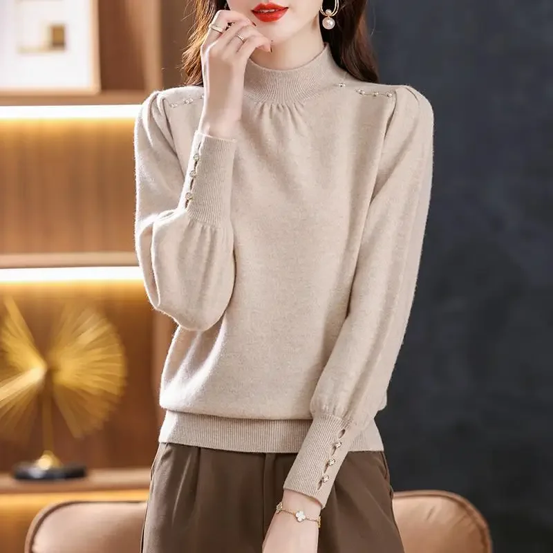 

Autumn Winter Half High Collar Elegant Fashion Solid Bottomed Sweater Female Casual All-match Knitting Jumper Top Women Pullover