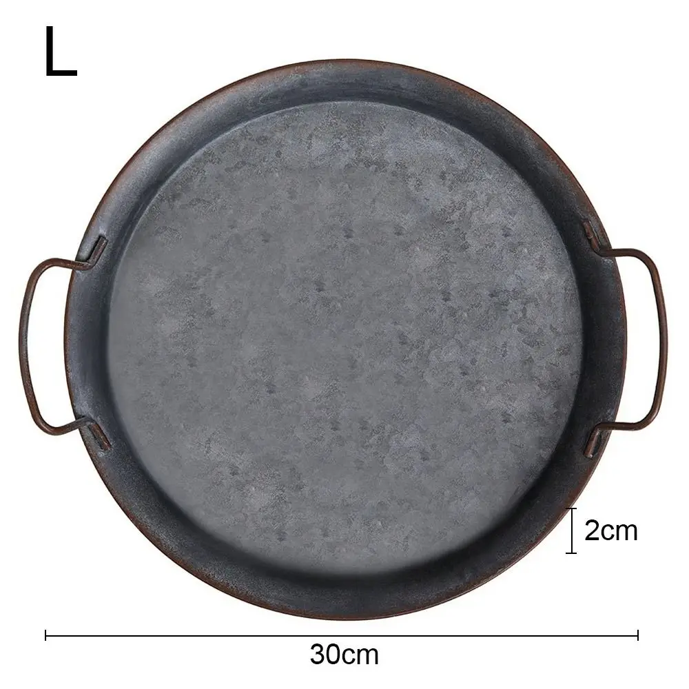 Retro Metal Plate With Handle Round Bread Trays Iron Craft Decorative Tray Storage Bread Serving Tray Home Decor