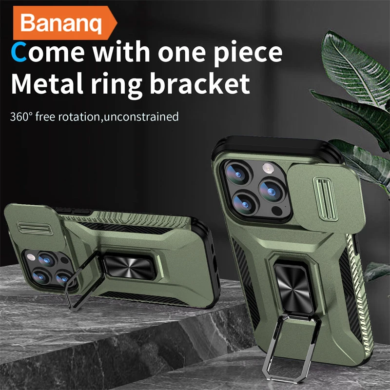 Bananq Slide Push Window Kamera-Rückseitenhülle für iPhone 15 14 Plus 13 12 Mini 11 Pro Max Stoßfester magnetischer Ringständer_voghion.com