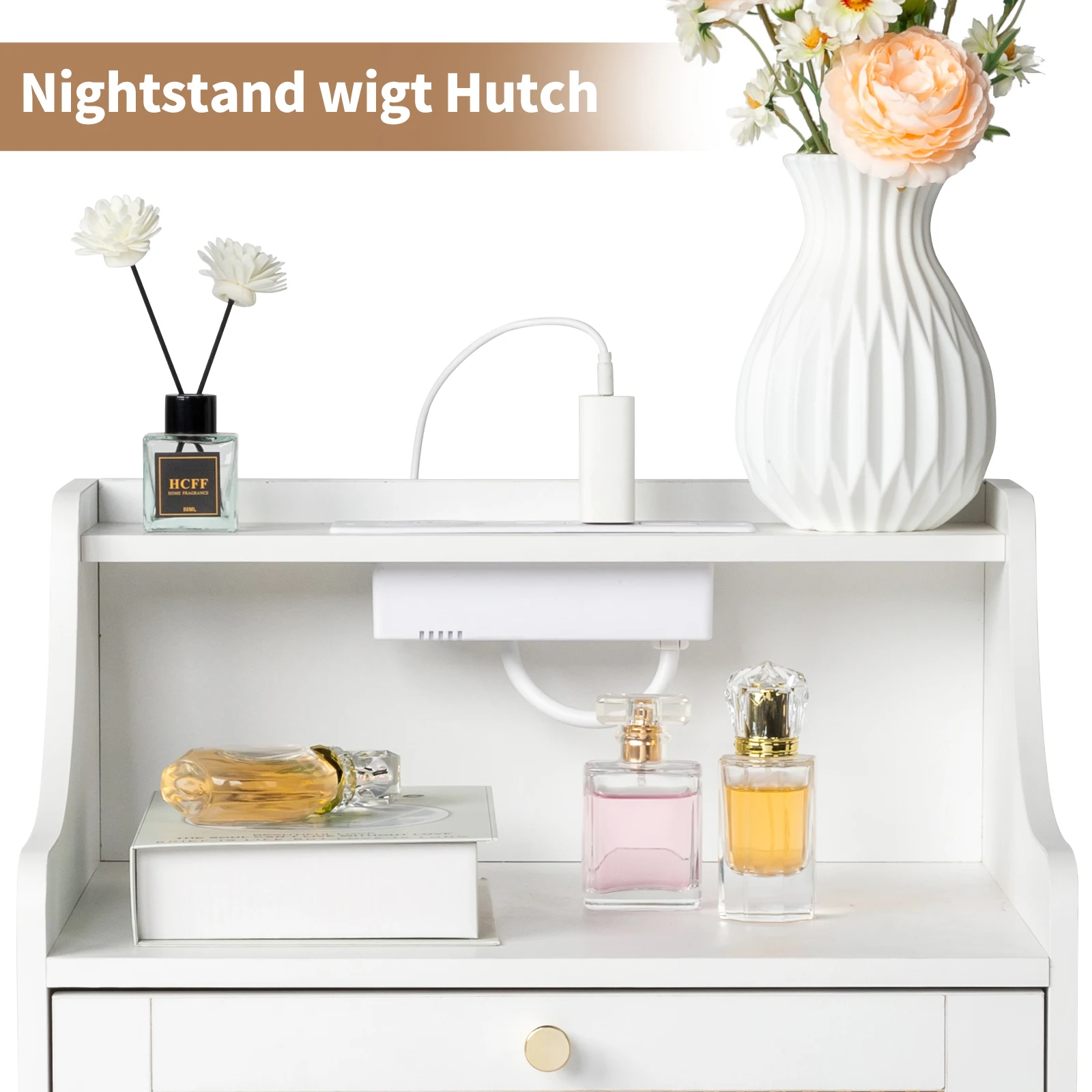 White Particleboard With Triamine Matt Gold Tapered Handle 45*35*63cm Rattan Two Drawers With Compartments Bedside Table