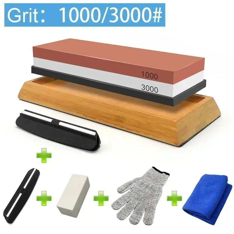 Professional Knife Sharpening Whetstone Set with Wood Base and Angle Guide