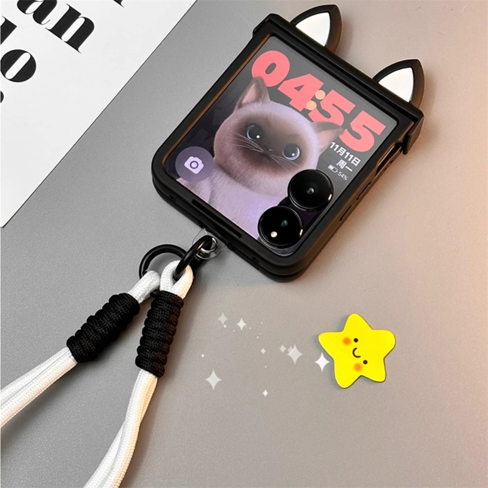 Japan Korean Cute Kitten Ears Case with Hand Strap and Hinge Design