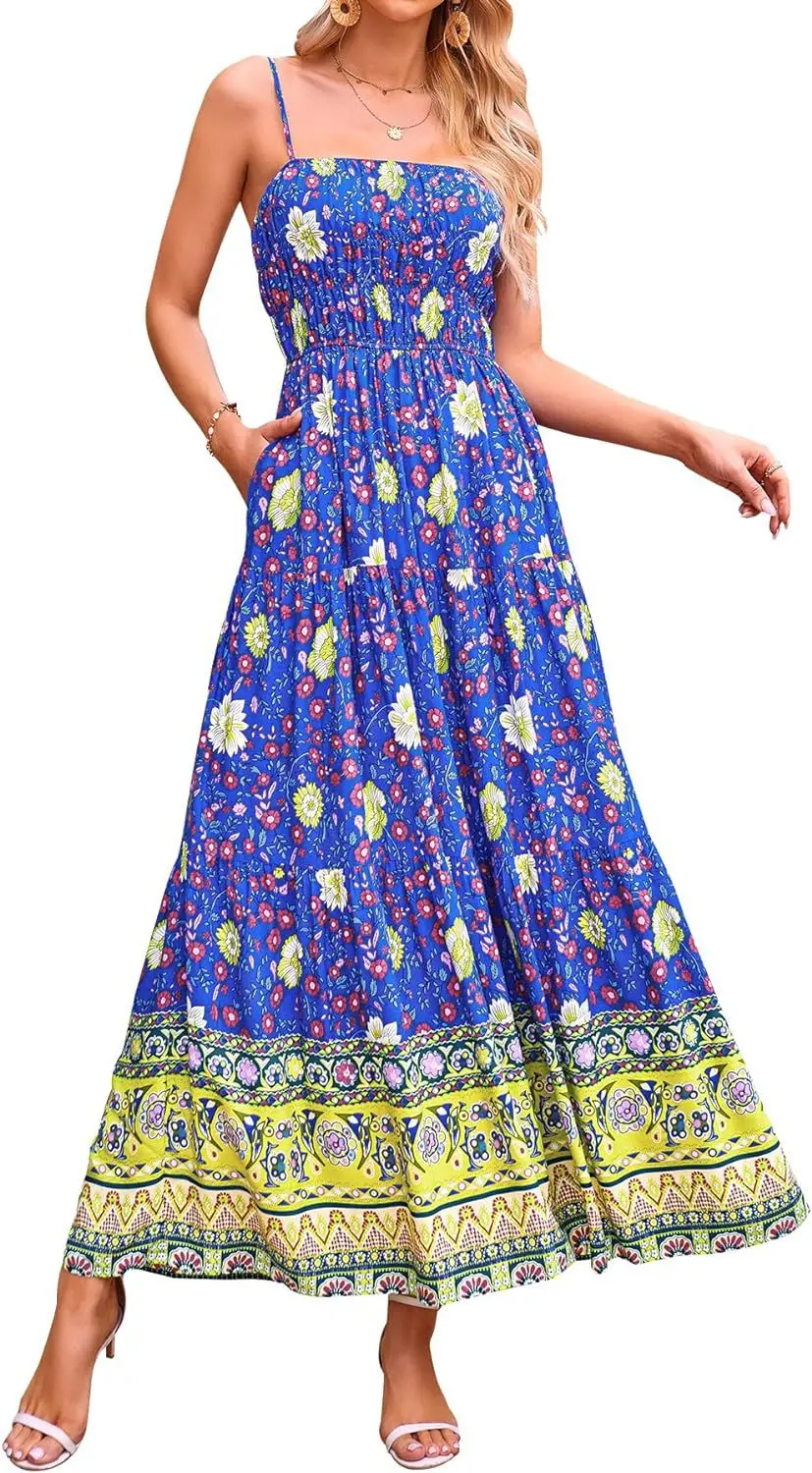 Vintage Flower Print Spaghetti Strap Dresses Women Fashion Trendy Bohemian Beach Vacation Long Dress Female Summer New Vestidos
