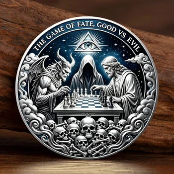 Moneta Commemorativa Placcata Argento del Gioco del Destino 'Bene e Malo' con Occhio Onniveggente, Teschio, Scacchi, Divinità Gotica, Satana, Gesù - Moneta da Collezione