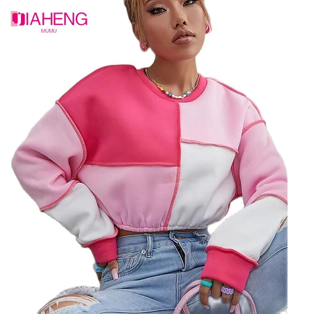 JIAHENG MUMU Casual Street Hipster Women's Swearter Autumn New Short Fleece Contrast Color Patchwork Streetwear Female Loose Top