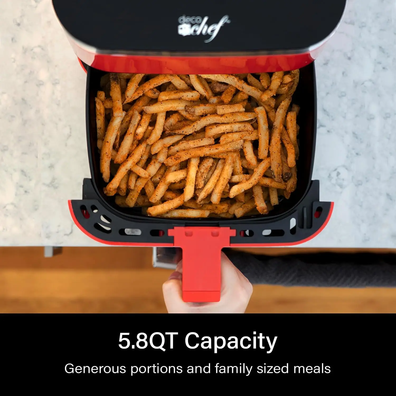 Chef 5.8QT Air Fryer, 8-in-1 Smart Cooking Programs, Nonstick and Dishwasher-Safe Basket, Complete Recipe Book, Red, DCDAIR 4
