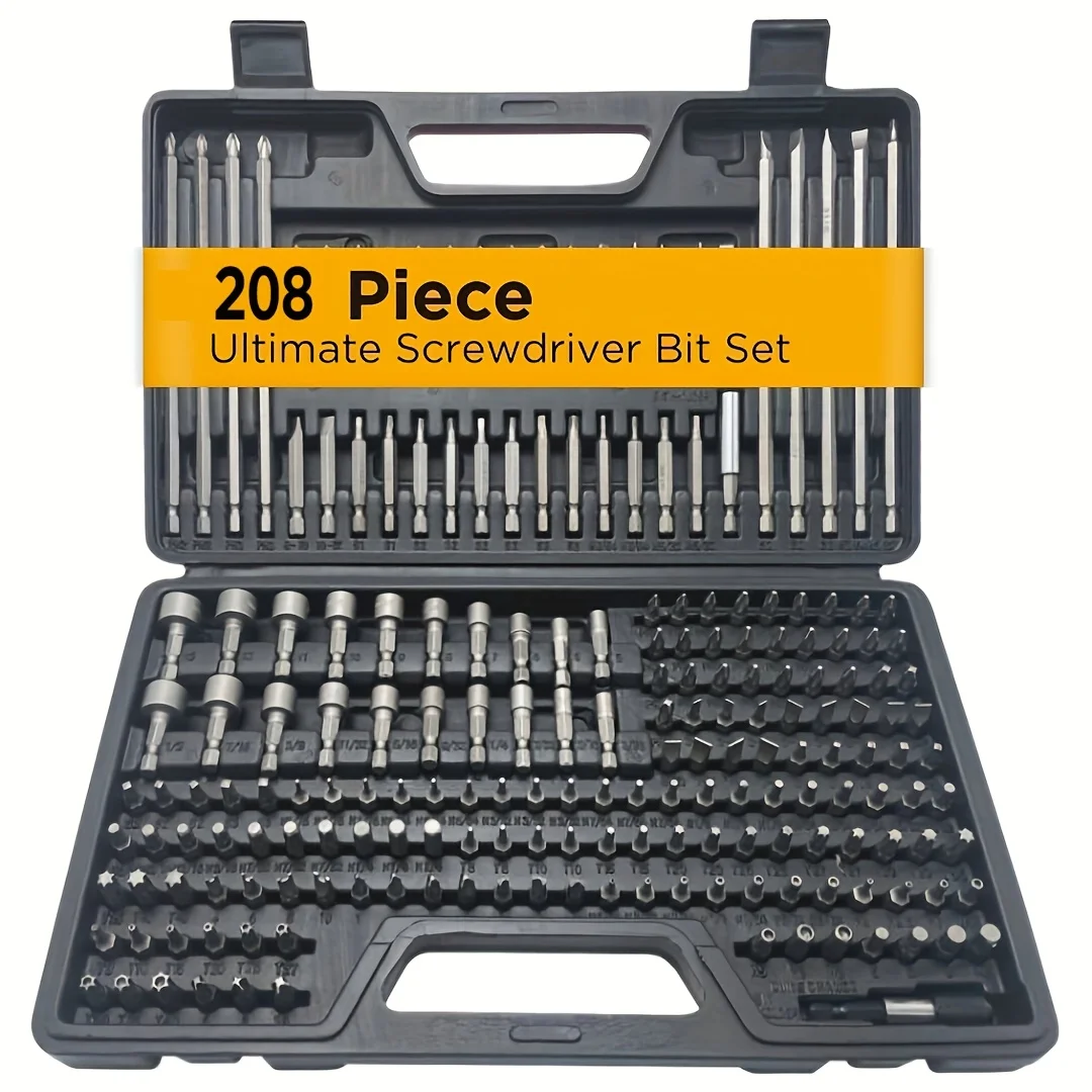 Conjunto de bits de chave de fenda 208 peças, aço de alto carbono e aço cromo vanádio, bits de segurança incluídos, caixa de kit de ferramentas de parafuso profissional