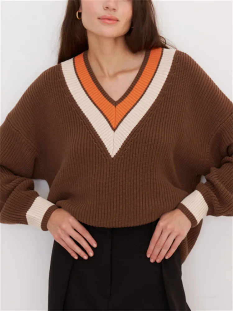 

V Neck Sweater Women Knit Pullover Ladies Long Sleeve Top Female Winter Warm Jumper Elegant Oversized Knitwear Pull Femme Hiver