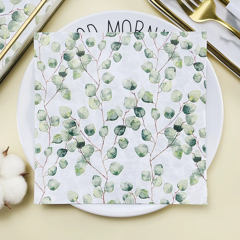 

Printed Napkin Forest Eucalyptus Leaves Coloured Paper Napkins Hotel Western Restaurant Table Decoration Wine Glass Flower Paper