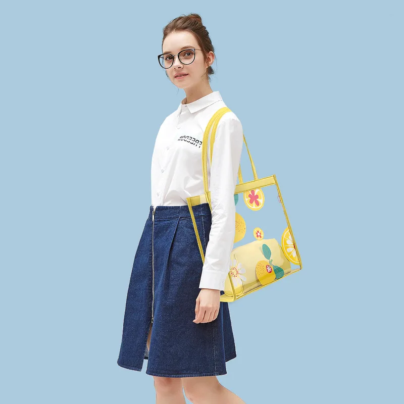 2 in1 new  summer handbags explosion models portable transparent jelly bag ladies large-capacity shoulder bag shopping bag